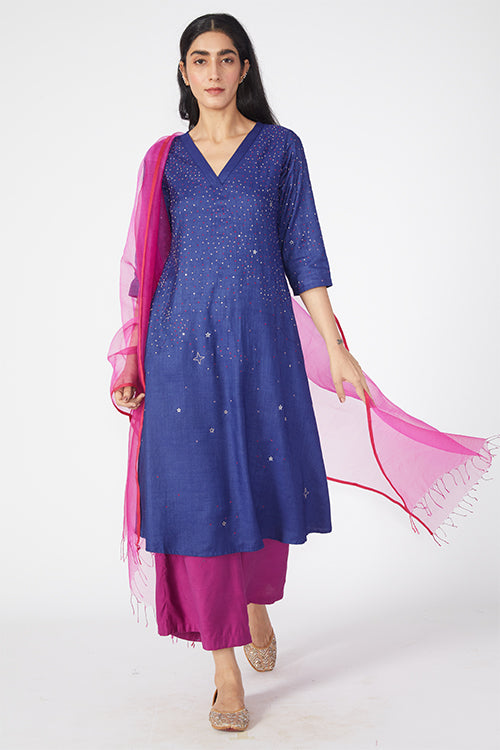 Heavenly Embroidered Blue Kurti Pant Set With Dupatta Online