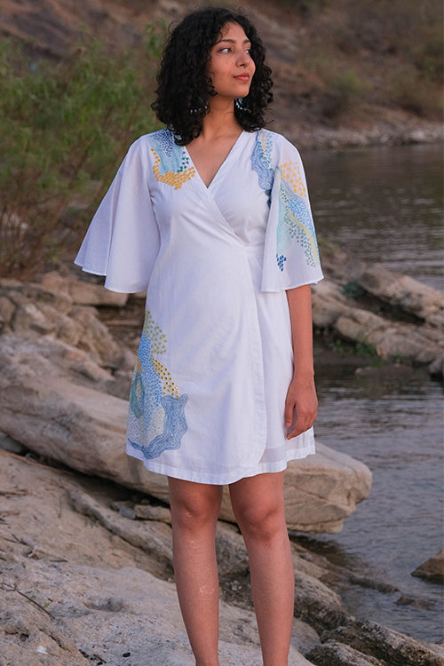 Okhai 'Pool' Pure Cotton Hand Embroidered Mirror Work Wrap Dress Okhaistore Okhai 'Pool' Pure Cotton Hand Embroidered Mirror Work Wrap Dress Okhaistore