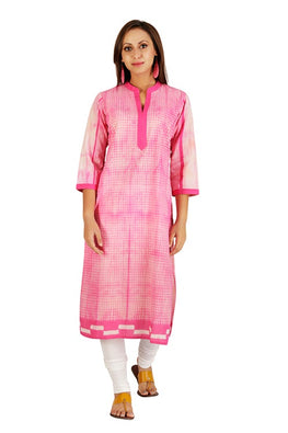 Pink Checks-Lines Shibori Cotton Long Kurta