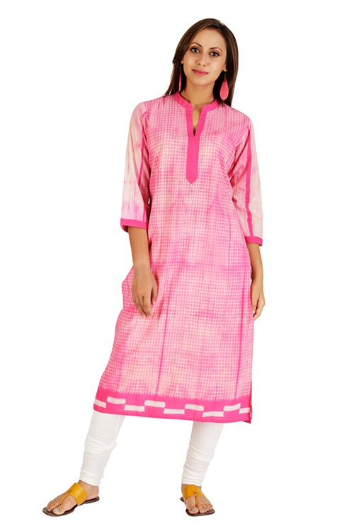 Pink Checks-Lines Shibori Cotton Long Kurta