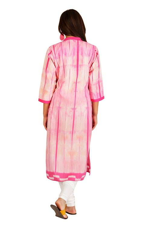 Pink Checks-Lines Shibori Cotton Long Kurta