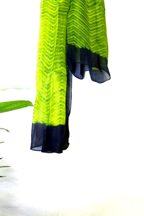 Mura Shibori Handcrafted Green Indigo Zig Zag Silk Kota Stole