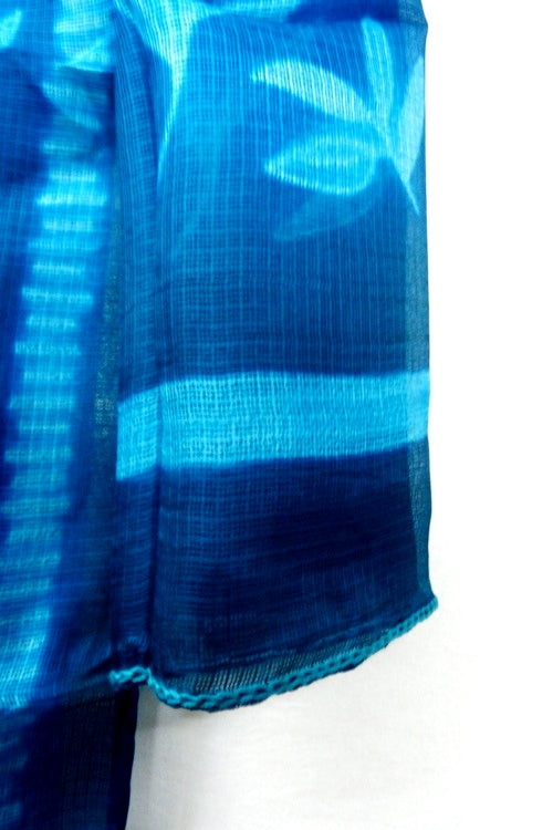 Mura Shibori Handcrafted White Deep Green Blue Leaves Silk Kota Stole