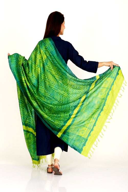 Maheshwari Shibori Handcrafted Zig Zag Green Tassar Silk Dupatta