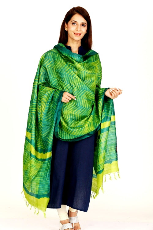 Maheshwari Shibori Handcrafted Zig Zag Green Tassar Silk Dupatta