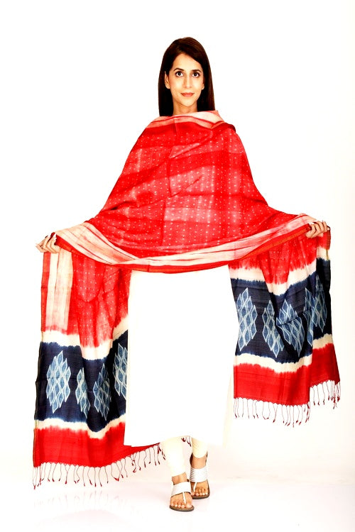 Maheshwari Shibori Handcrafted Red Indigo Tassar Silk Dupatta