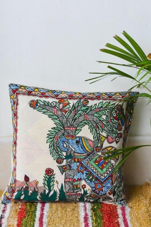 Madhubani Painting Elephant Design Cushion-9