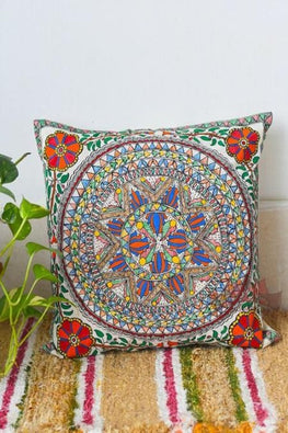 Madhubani Painting Saankh Lotus Design Cushion-14