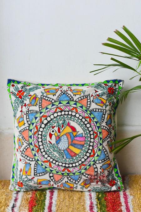 Madhubani Painting Peacock Design Cushion-1