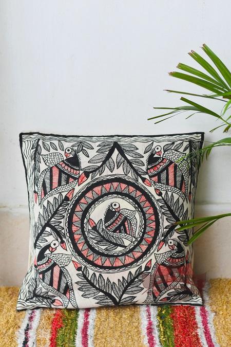 Madhubani Painting jungle Katha Handpainted Cushion-20