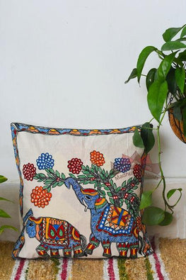 Madhubani Painting Multicoloured Elephant Handpainted Cushion-22