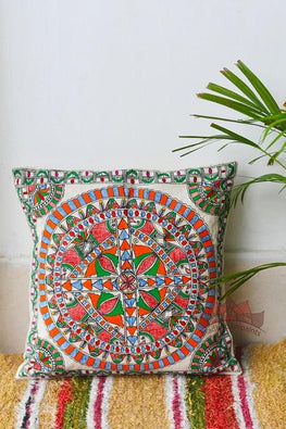 Madhubani Painting Vibrant Lotus Handpainted Cushion-25