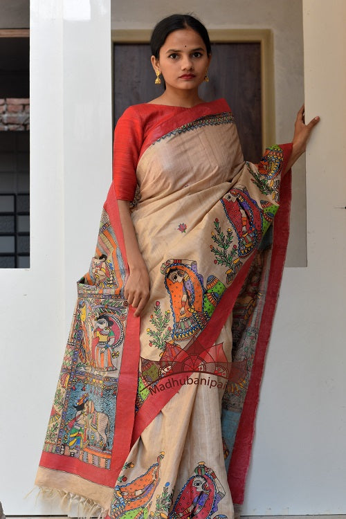 Okhai Hari Silk Handpainted Madhubani Painting Saree Online