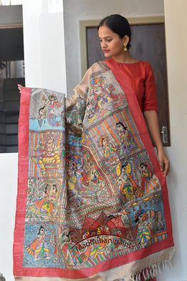 Hari Tussar Silk Handpainted Madhubani Painting Saree Online 
