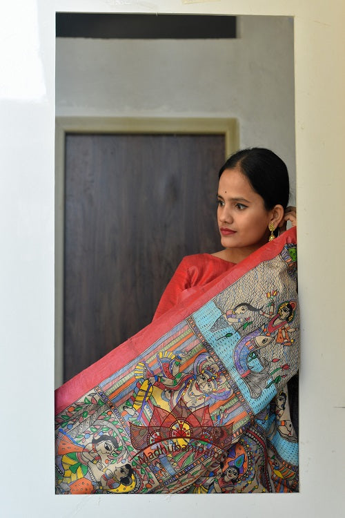 Hari Tussar Silk Handpainted Madhubani Painting Saree Online 