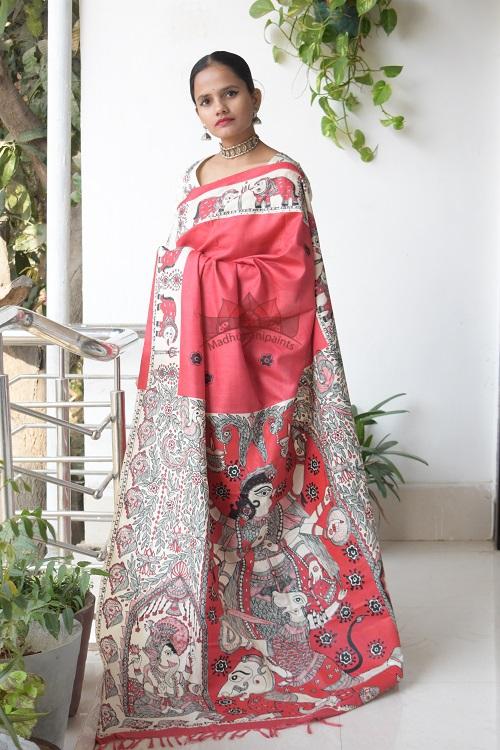 Navdurga Red Handpainted Madhubani Saree Online