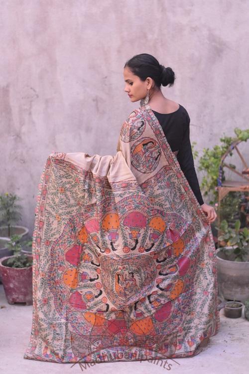 Gopi Katha Madhubani Handpainted Tussar Silk Saree
