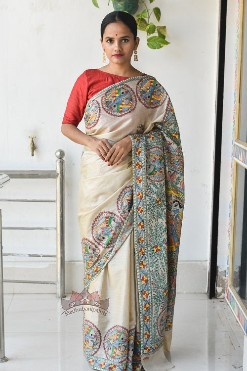  Doli Tussar Silk Madhubani Painting Saree Online