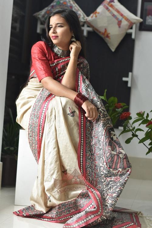 Maa Ambe Hand Painted Tussar Silk Madhubani Saree Online