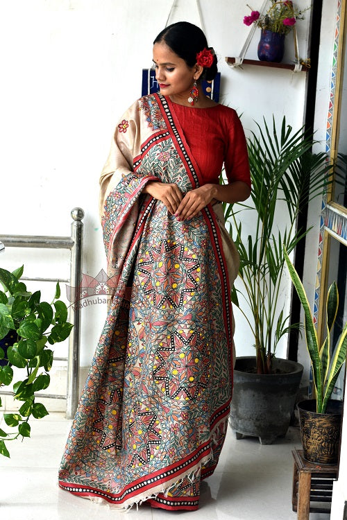 Madhubani Paints Saankh Leela Madhubani Handpainted Saree