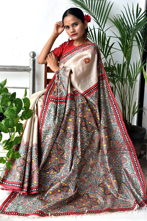 Madhubani Paints Saankh Leela Madhubani Handpainted Saree Online