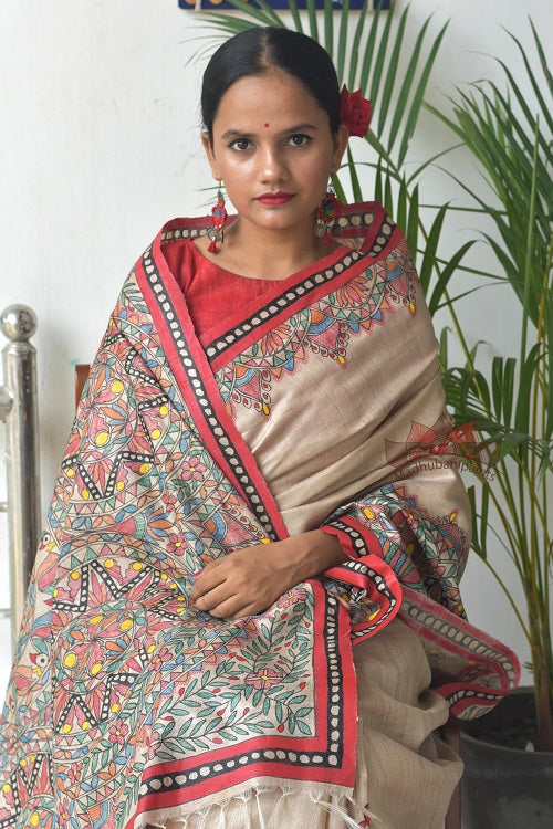 Madhubani Paints Saankh Leela Madhubani Handpainted Saree Online