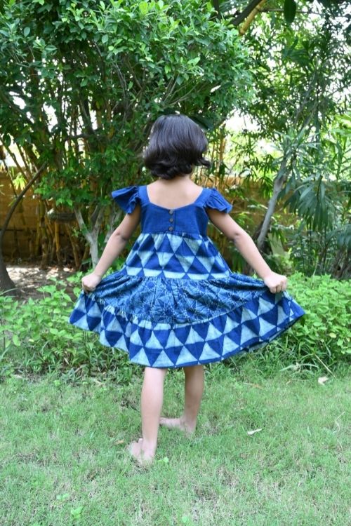 Moralfibre' Natural Indigo Printed Girls Butterfly Frock