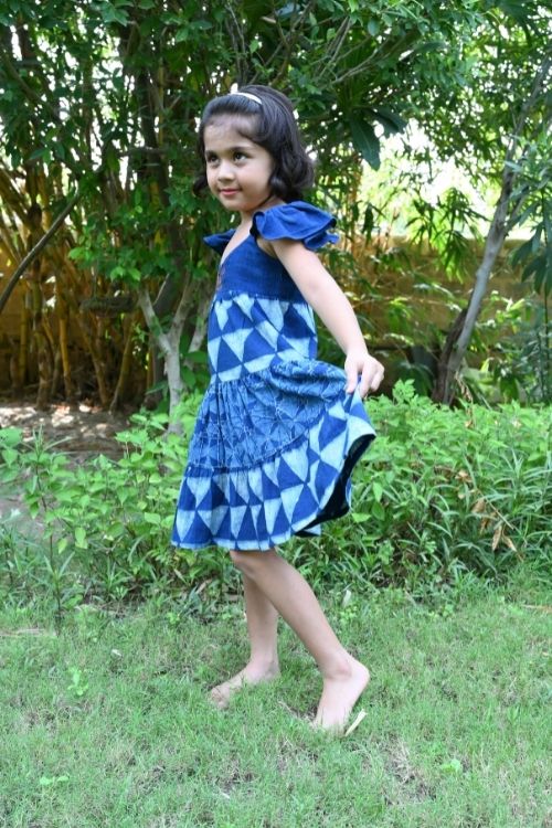 Moralfibre' Natural Indigo Printed Girls Butterfly Frock