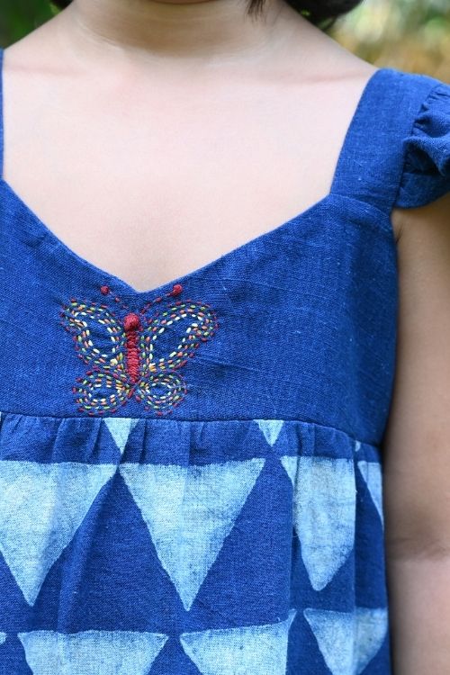 Moralfibre' Natural Indigo Printed Girls Butterfly Frock