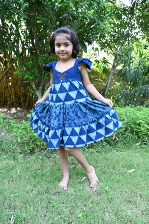 Moralfibre' Natural Indigo Printed Girls Butterfly Frock
