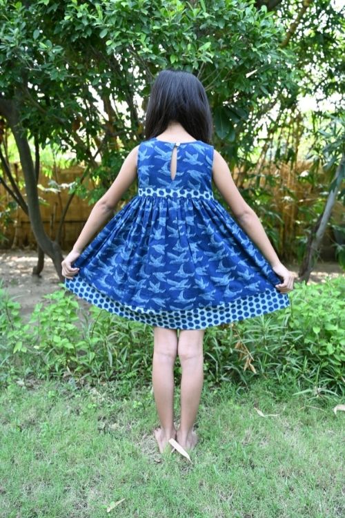 Moralfibre' Natural Indigo Printed Girls Flying Birds Frock