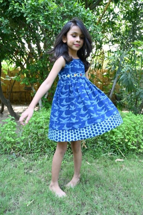 Moralfibre' Natural Indigo Printed Girls Flying Birds Frock