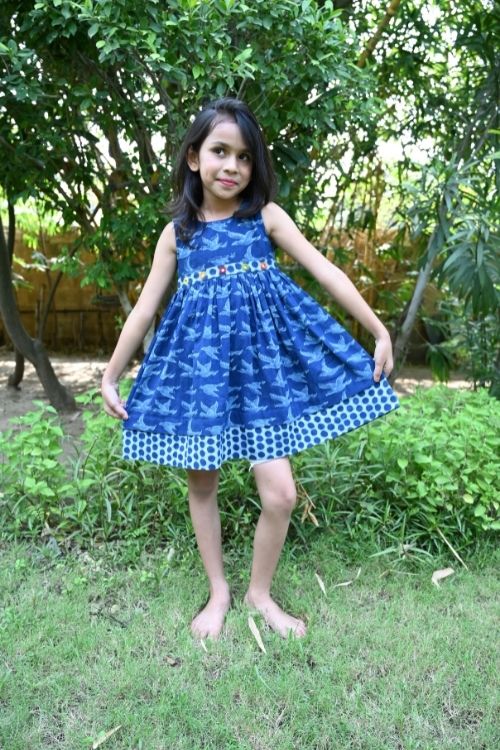 Moralfibre' Natural Indigo Printed Girls Flying Birds Frock