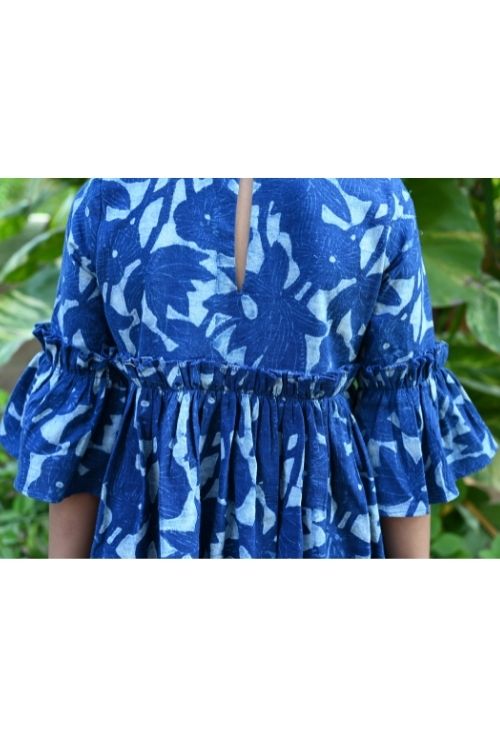 Moralfibre' Natural Indigo Printed Girls Floral Bow Frock