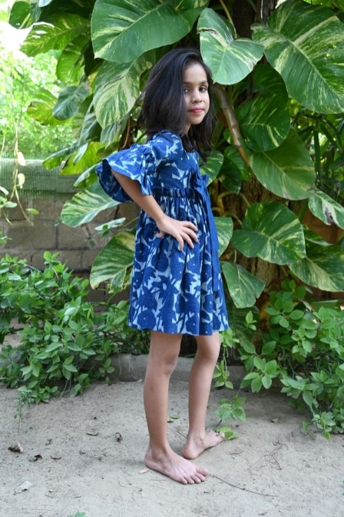 Moralfibre' Natural Indigo Printed Girls Floral Bow Frock