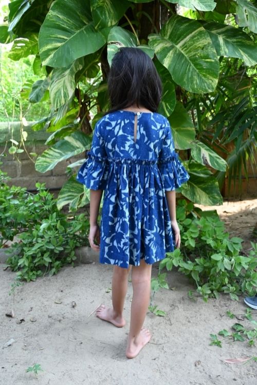 Moralfibre' Natural Indigo Printed Girls Floral Bow Frock