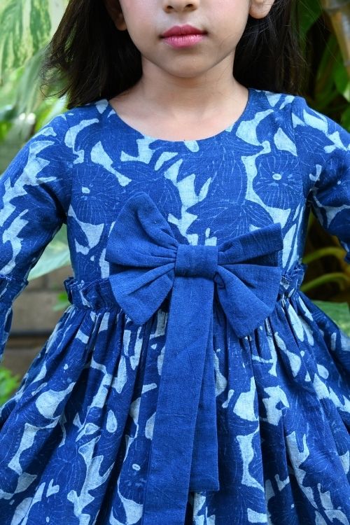 Moralfibre' Natural Indigo Printed Girls Floral Bow Frock