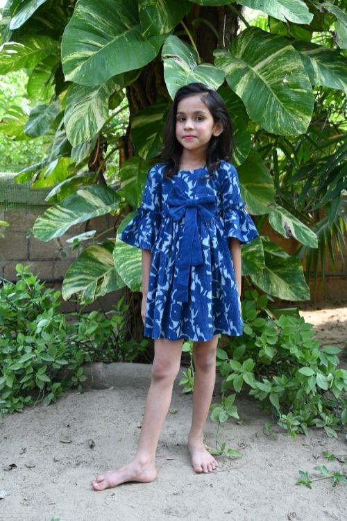 Moralfibre' Natural Indigo Printed Girls Floral Bow Frock