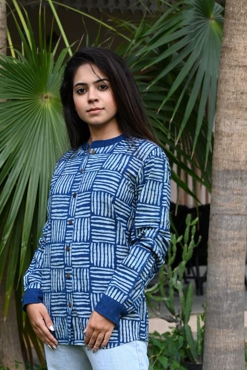 Moralfibre' Natural Indigo Printed Girls Cane Pattern Shirt