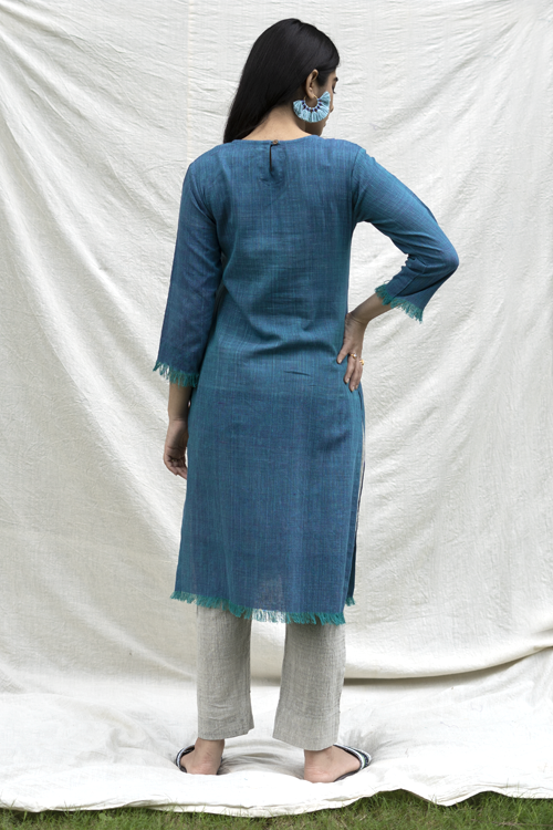 Moralfibre Shades Of Turqouise Yarn Dyed Raw Edged Tunic