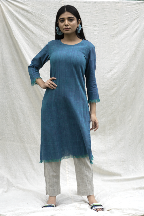 Moralfibre Shades Of Turqouise Yarn Dyed Raw Edged Tunic