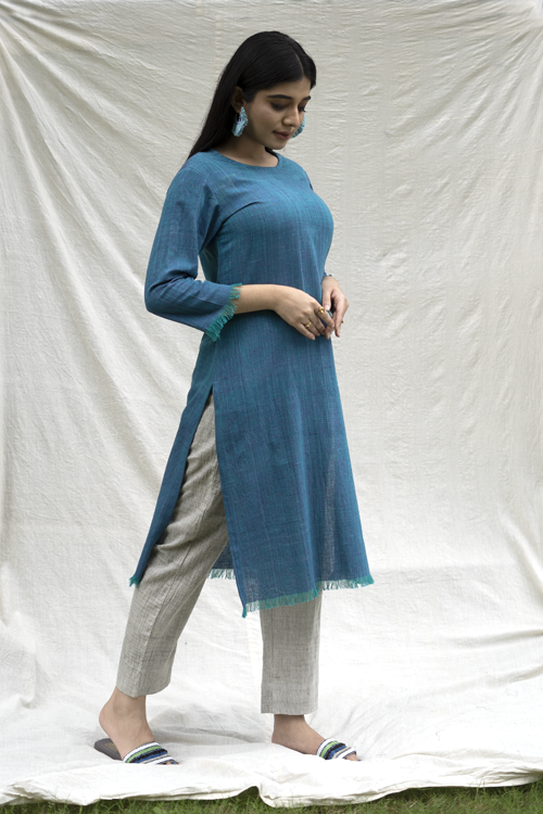 Moralfibre Shades Of Turqouise Yarn Dyed Raw Edged Tunic