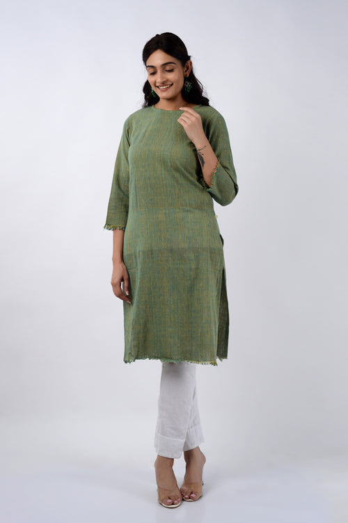 Moralfibre Shades Of Green Yarn Dyed Raw Edged Tunic