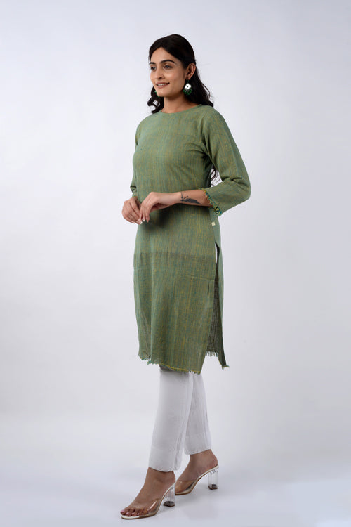 Moralfibre Shades Of Green Yarn Dyed Raw Edged Tunic