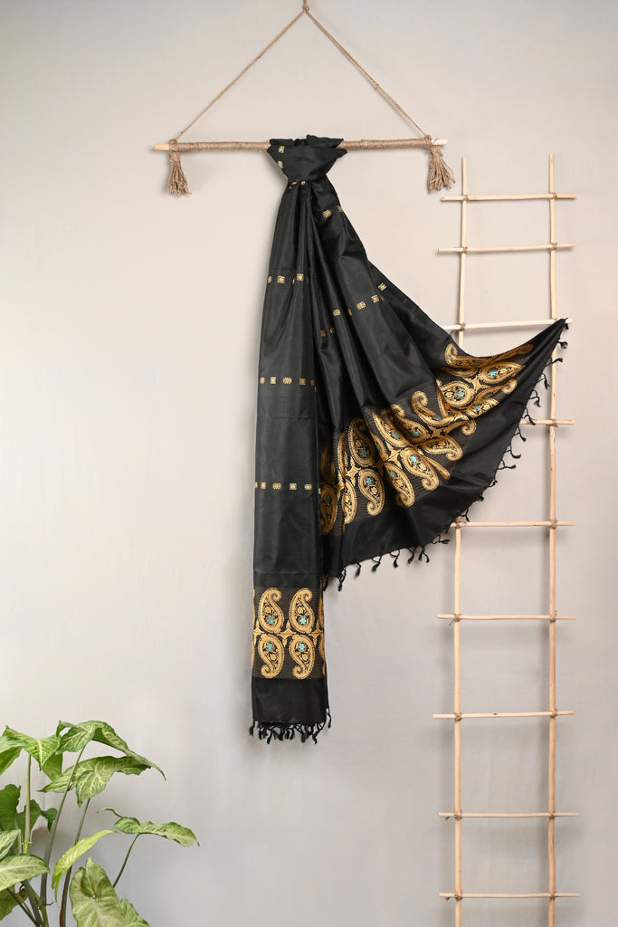 Miharu Black Handwoven Pure Silk Baluchari Dupatta
