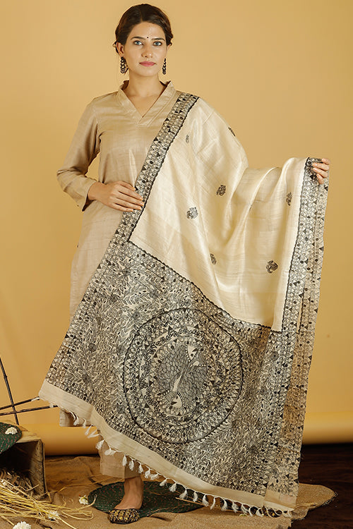 Madhubani Paints 'Judwa Matsya' Madhubani Handpainted Pure Handwoven Tussar Silk Dupatta