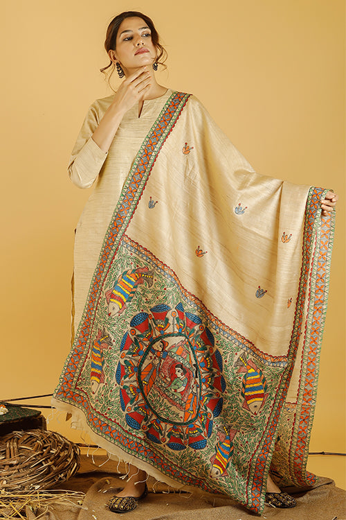 Madhubani Paints 'Gauna Doli' Madhubani Handpainted Pure Handwoven Tussar Silk Dupatta