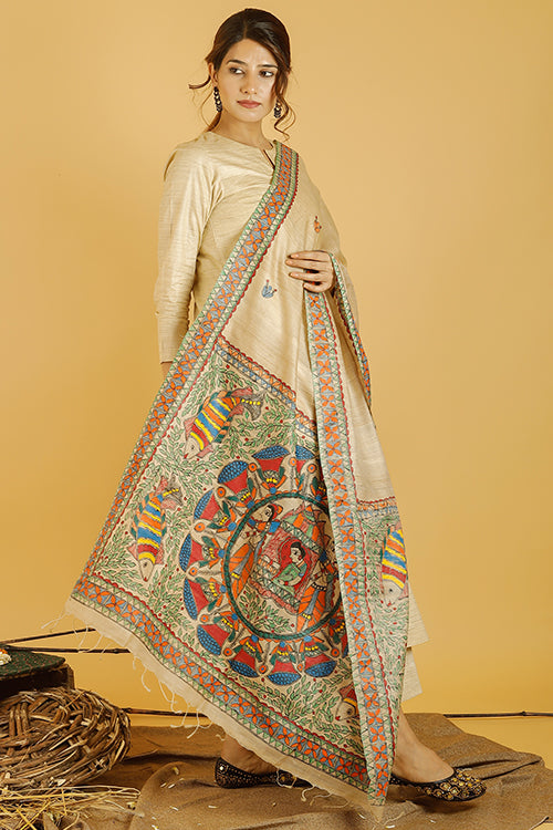 Madhubani Paints 'Gauna Doli' Madhubani Handpainted Pure Handwoven Tussar Silk Dupatta