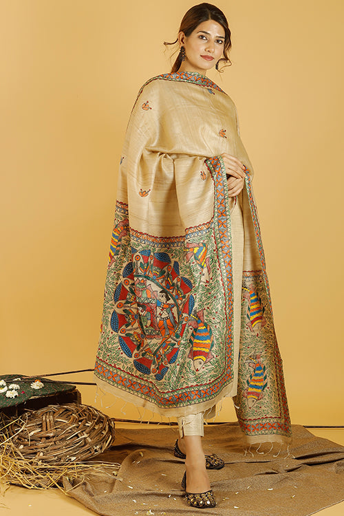 Gauna Doli Tussar Silk Madhubani Dupatta Online