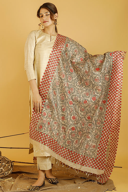 Madhubani Paints 'Laal Baag' Madhubani Handpainted Pure Handwoven Tussar Silk Dupatta